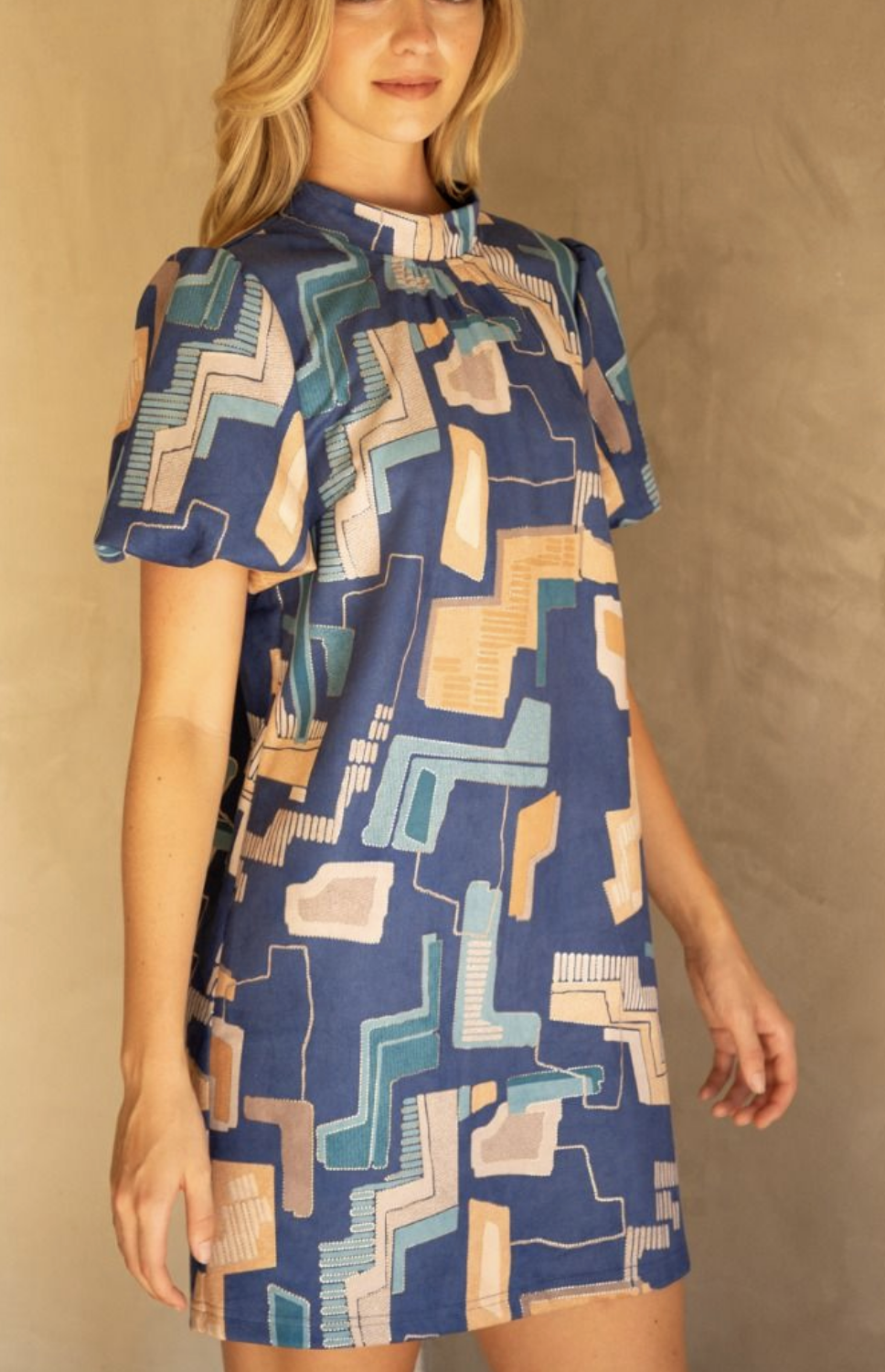 Geometric Blue Print Tie Back Shift Dress