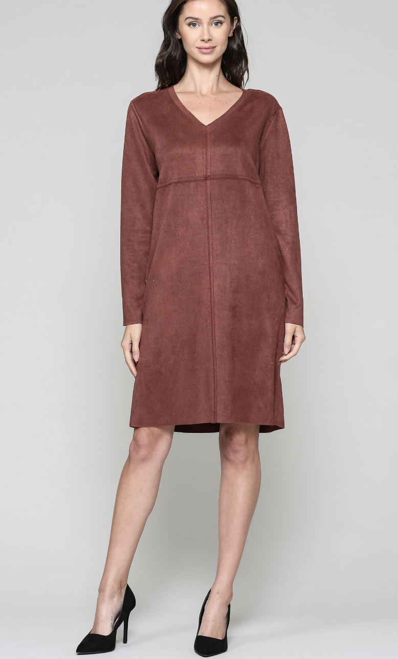 Aurora Suede Long Sleeve V NECK Dress NO POCKETS /6 colors