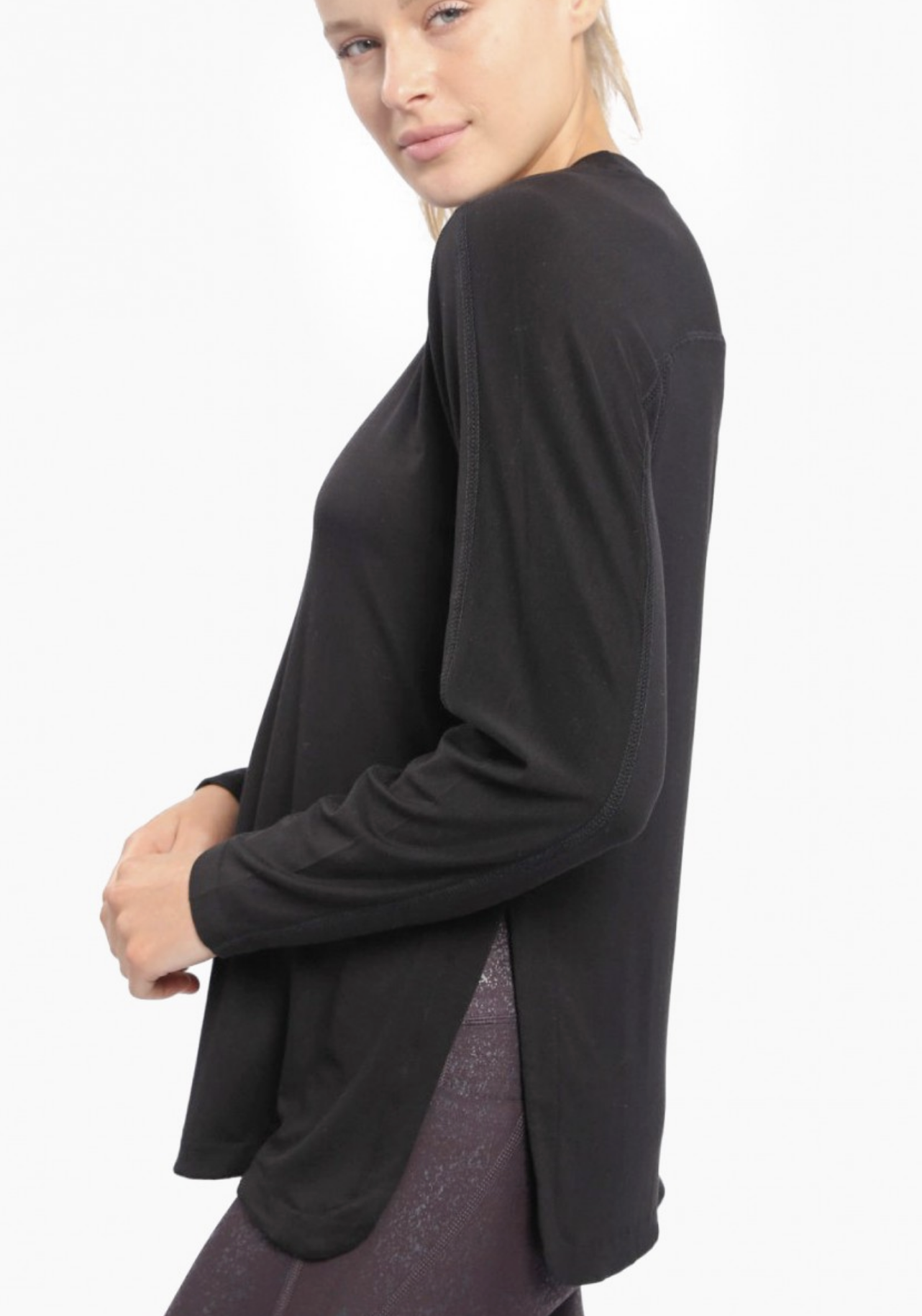 Black Tencel Long Sleeve with Curved Hem