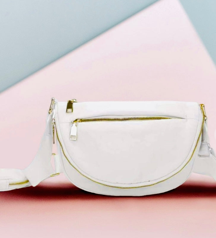 White Nylon Half Round Crossbody Bag