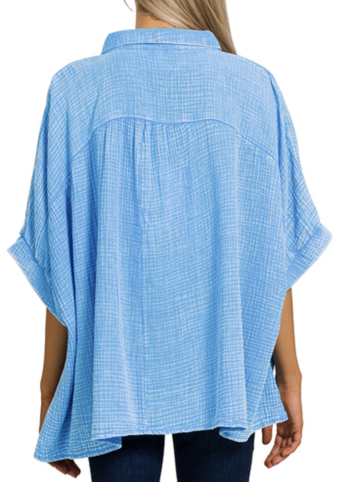 Washed Blue Cotton Button Down Blouse