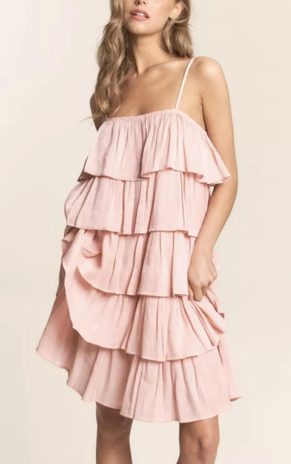 Powder Pink Spaghetti Strap Tiered Dress