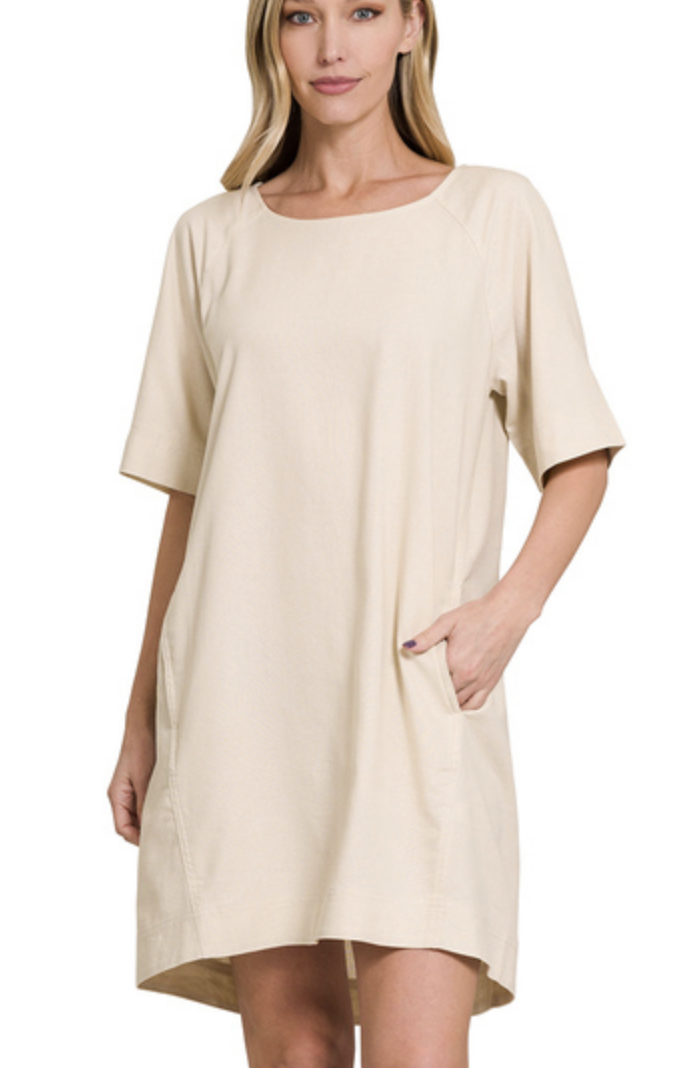 Classic Oatmeal Linen Short Sleeve Dress