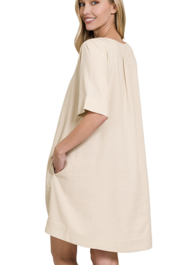 Classic Oatmeal Linen Short Sleeve Dress