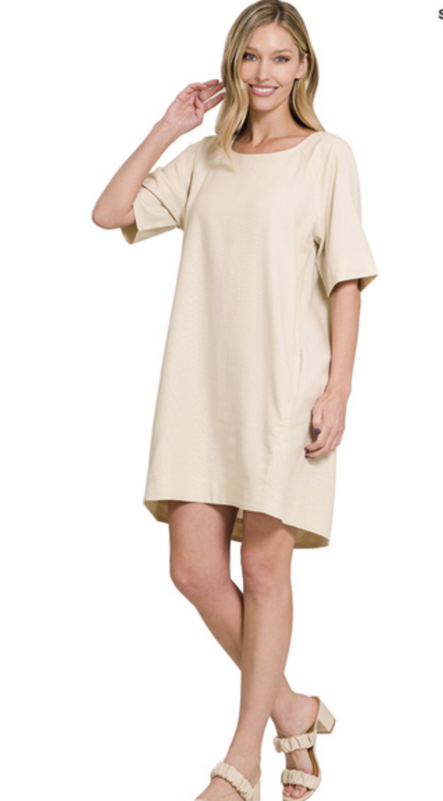 Classic Oatmeal Linen Short Sleeve Dress