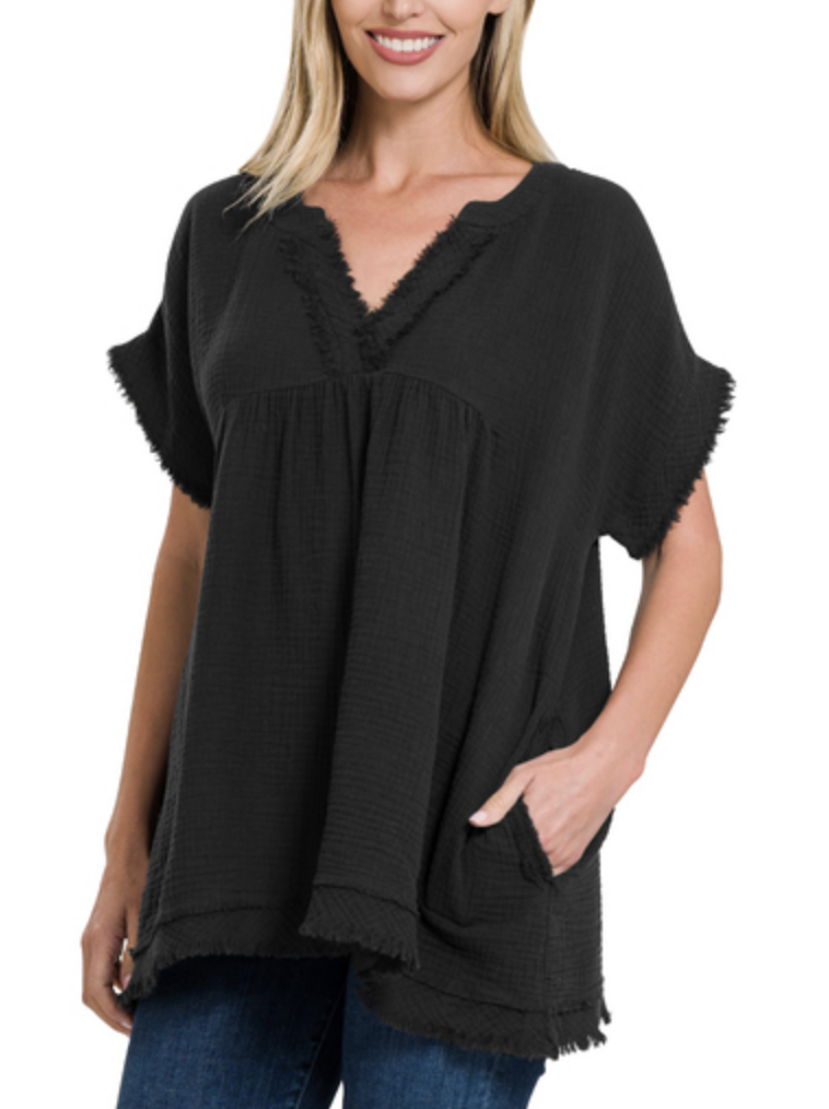 Raw V Neck Gauze Short Sleeve Top / 7 colors