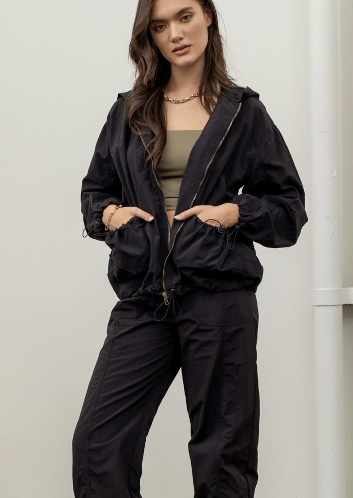 Black Drawstring Windbreaker Hoodie Jacket