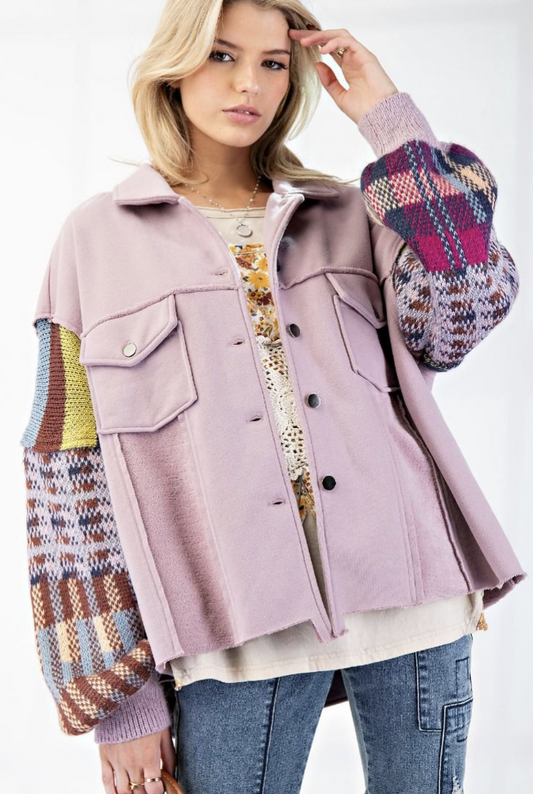 Fleece and ROSE Knit Mix Pattern Button Down Jacket