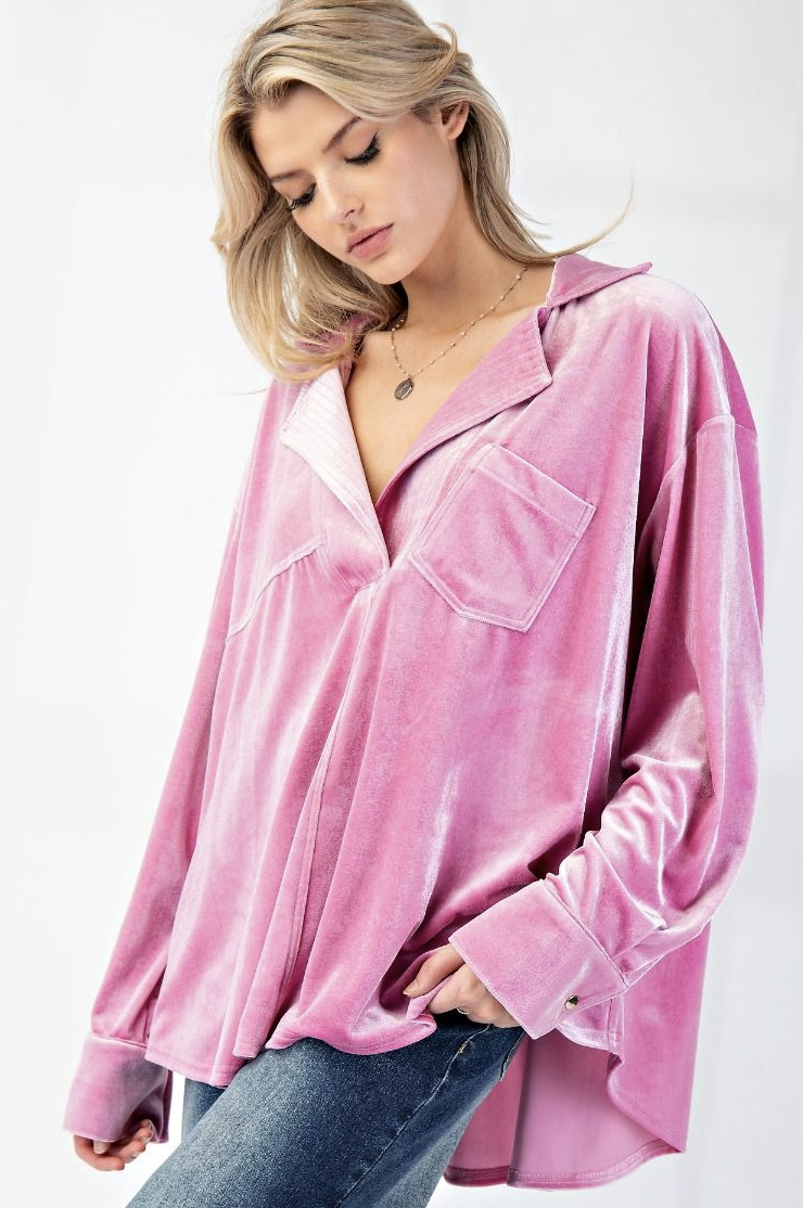Rose Pink Velvet V Neck Tunic Top