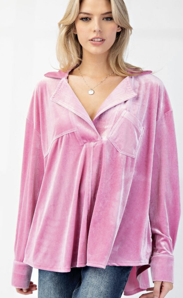 Rose Pink Velvet V Neck Tunic Top