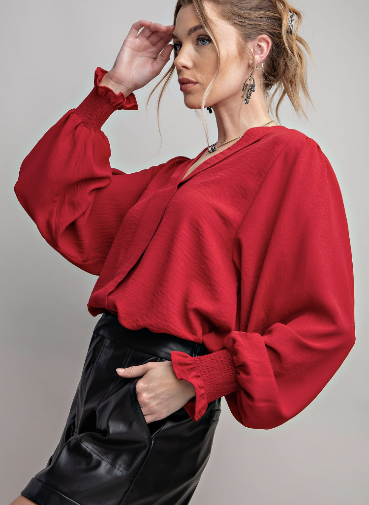 Crepe Red V Neck Womens Top