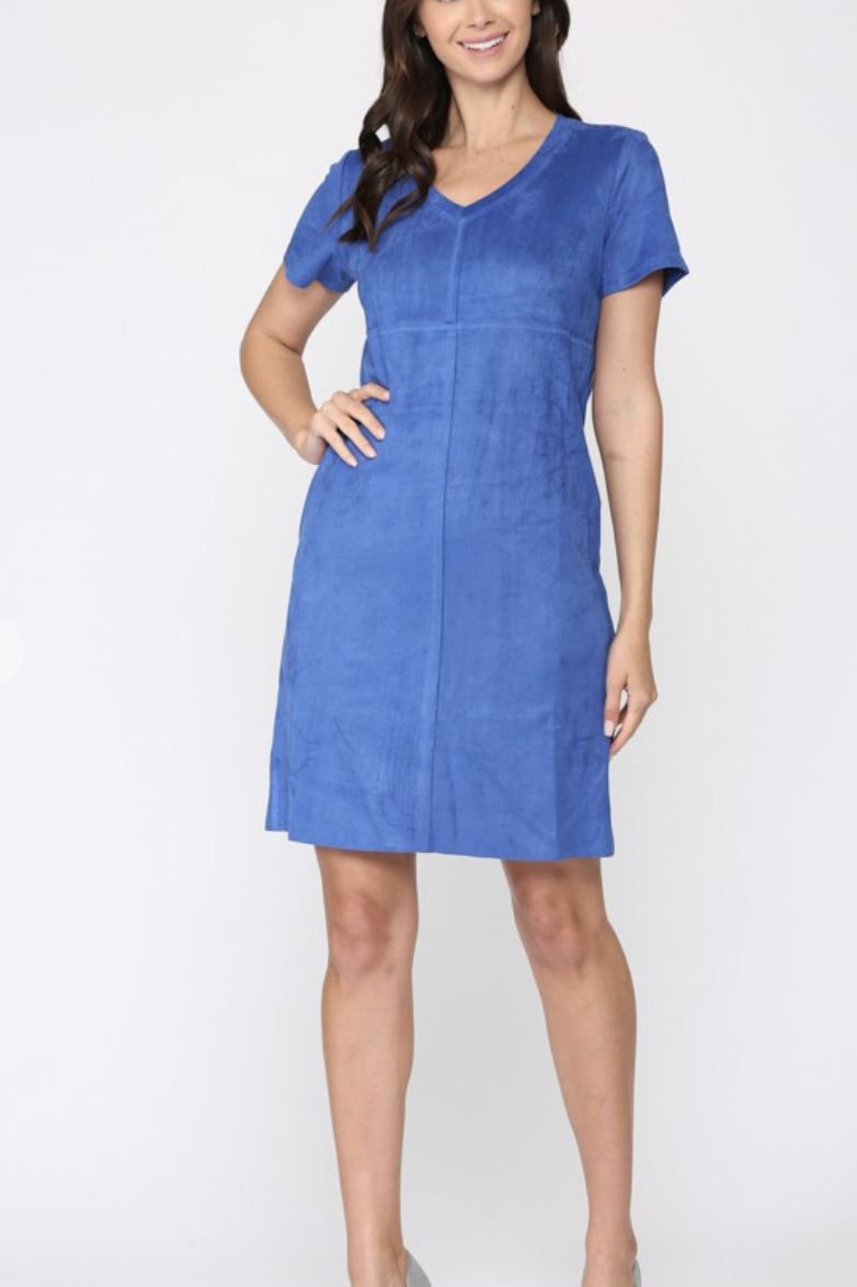 Audrey V Neck Suede Short Sleeve Dress /6 colors