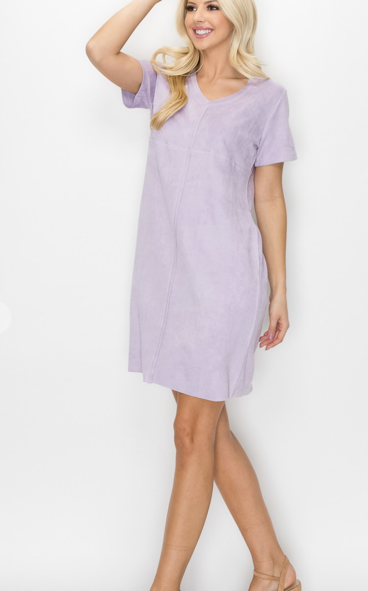 Audrey V Neck Suede Short Sleeve Dress /6 colors