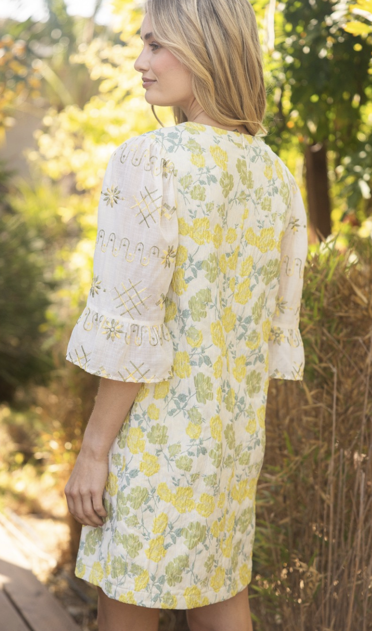 Yellow Floral Jacquered Contrast Sheer Sleeve Dress