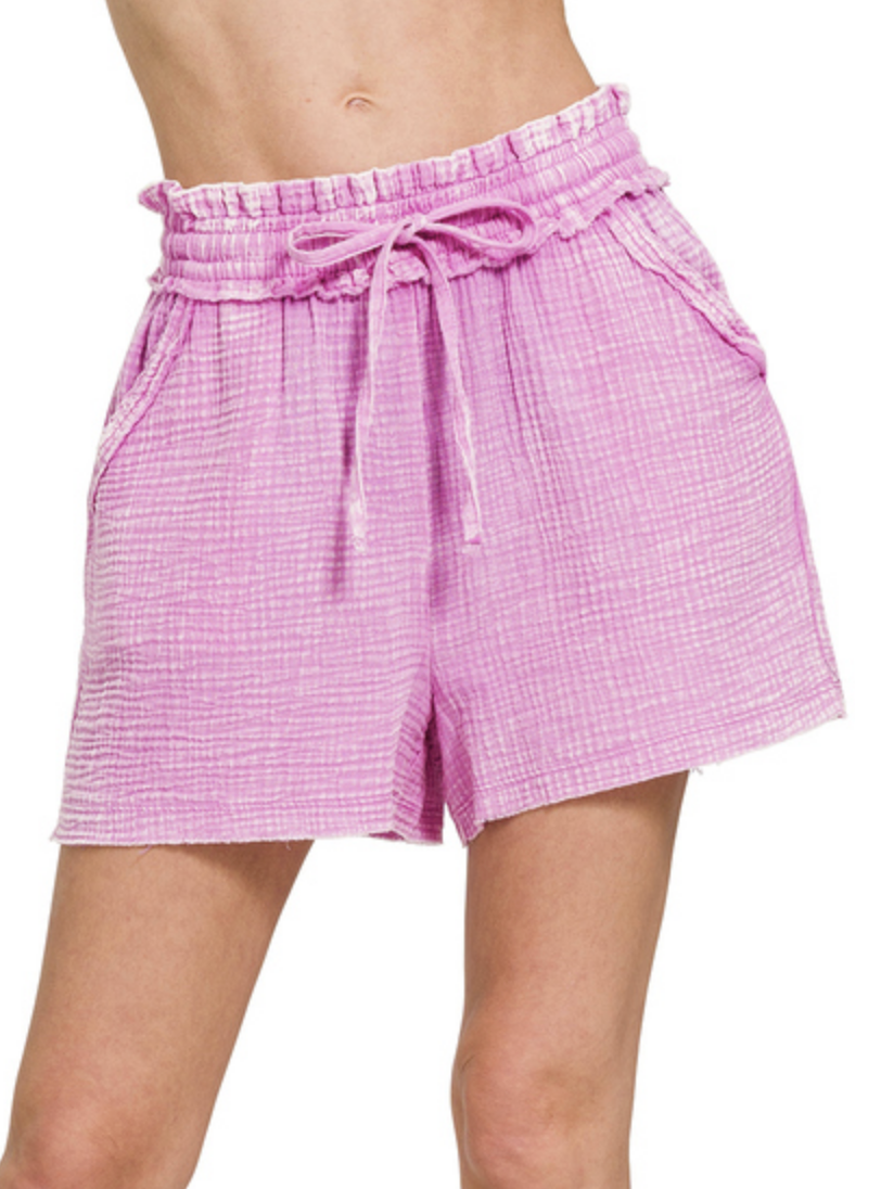 Washed Double Gauze Frayed Hem Drawstring Shorts /3 colors