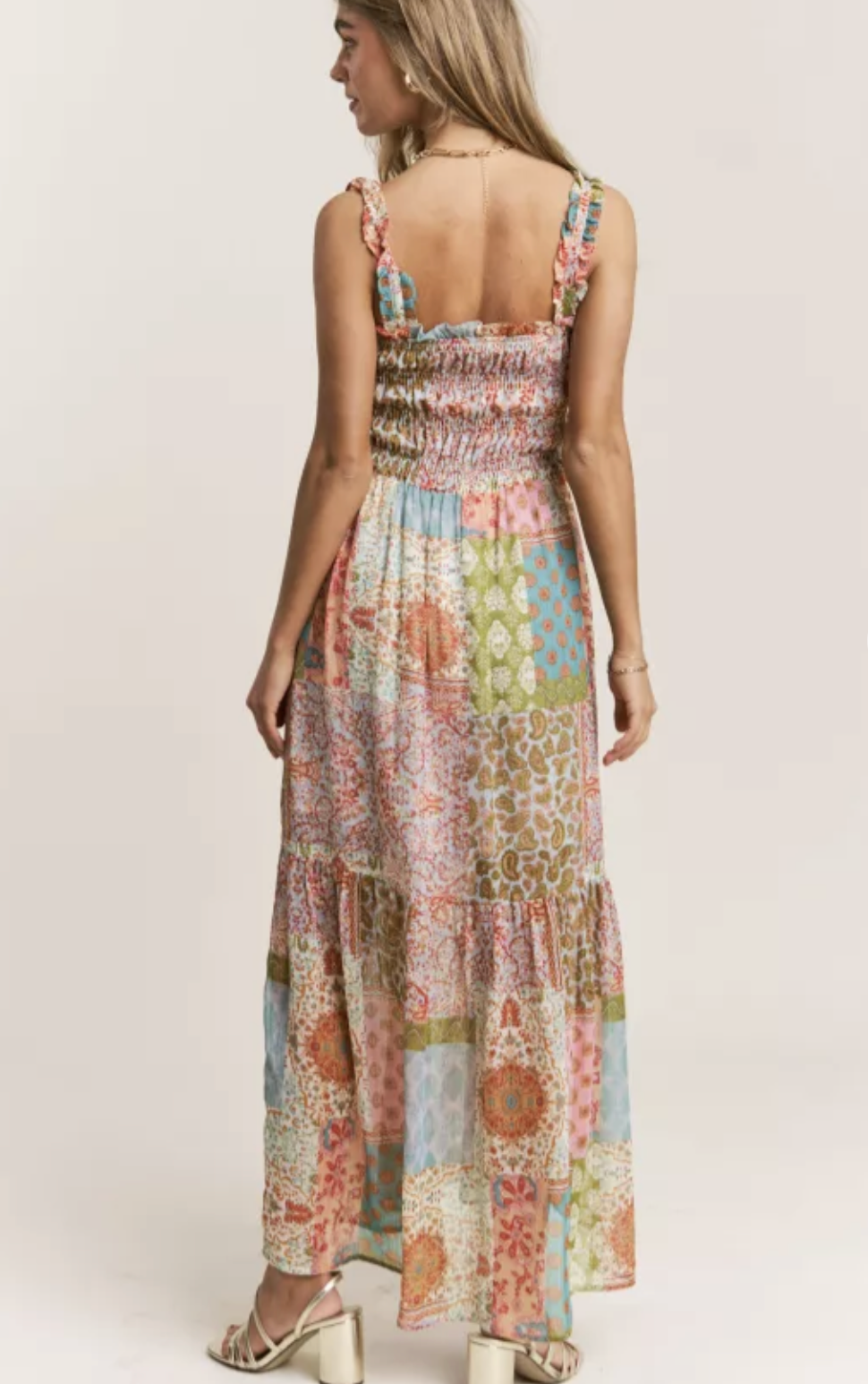 Smocked Top Coral Mix Patchwork Maxi Dress