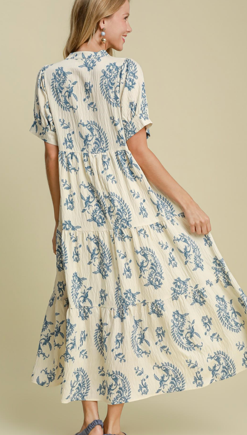 Victorian Blue Tiered Textured Midi Dress