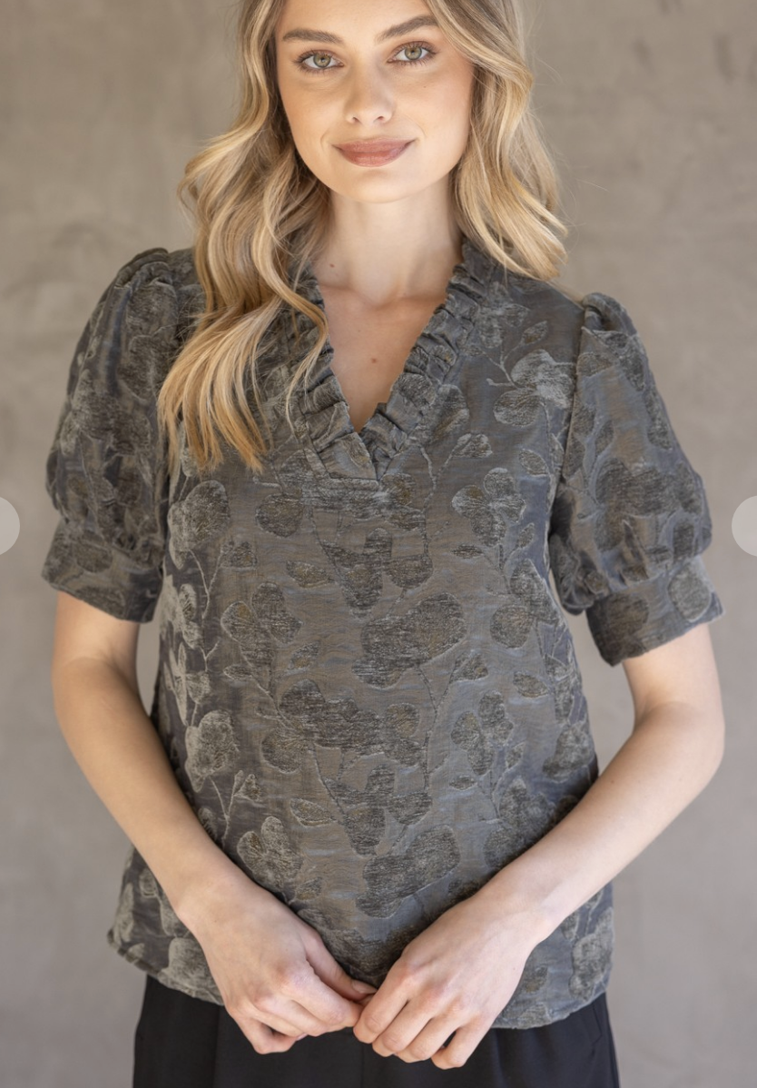 Charcoal Floral Ruffled V-neckTextured Velvet Top