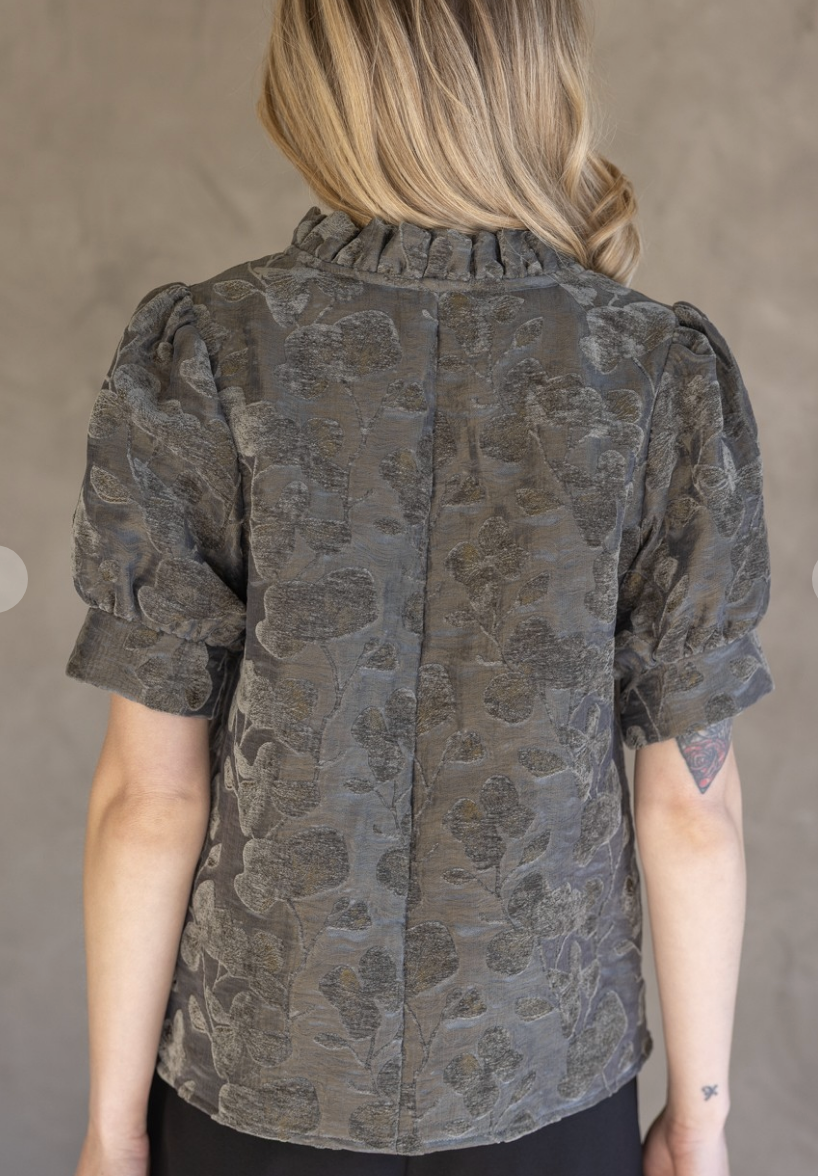 Charcoal Floral Ruffled V-neckTextured Velvet Top