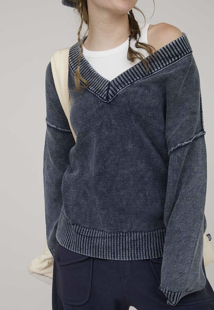 Washed V Neck Oversized Sweater/ 3 colors