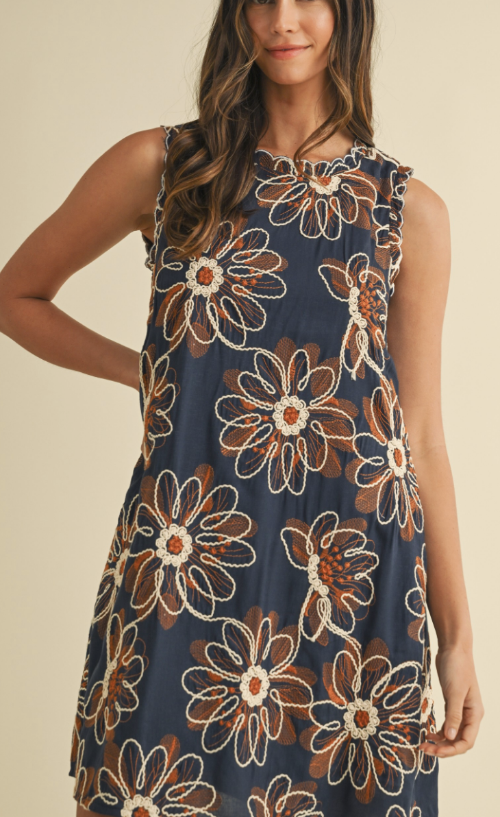 Navy Floral Embroidered Sleeveless Dress