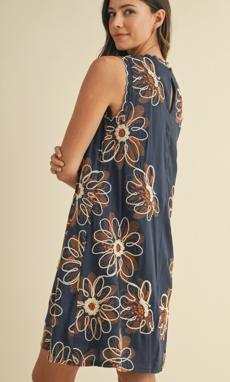 Navy Floral Embroidered Sleeveless Dress
