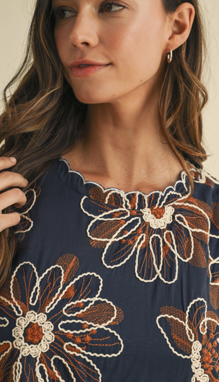 Navy Floral Embroidered Sleeveless Dress