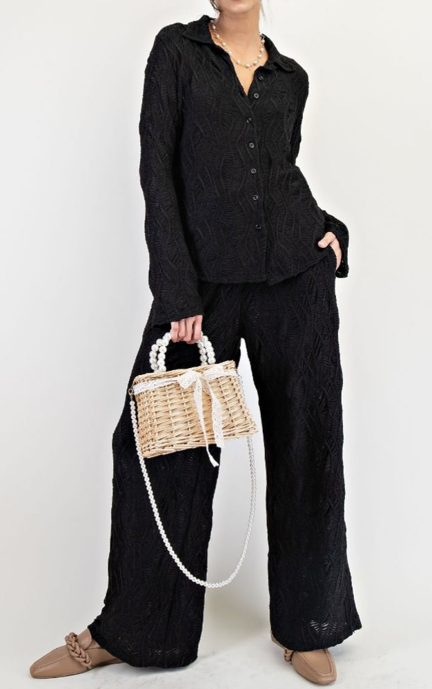 Black Textured Woven Knit Button Down Shirt