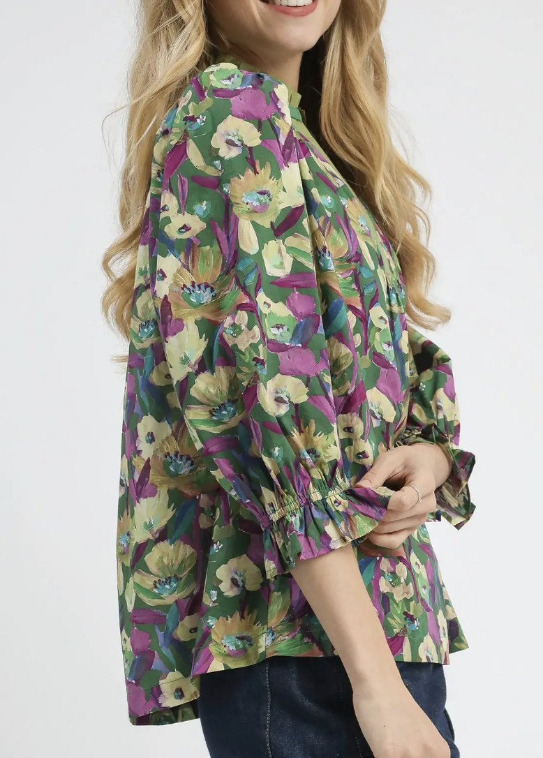 Green Floral Print Ruffle Trim Blouse