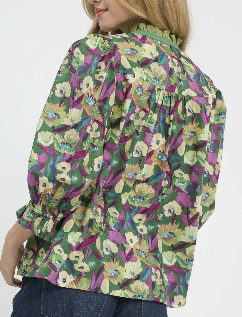 Green Floral Print Ruffle Trim Blouse