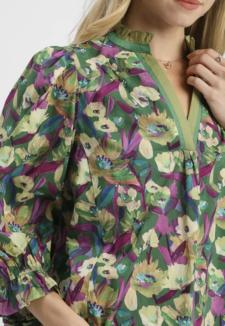Green Floral Print Ruffle Trim Blouse