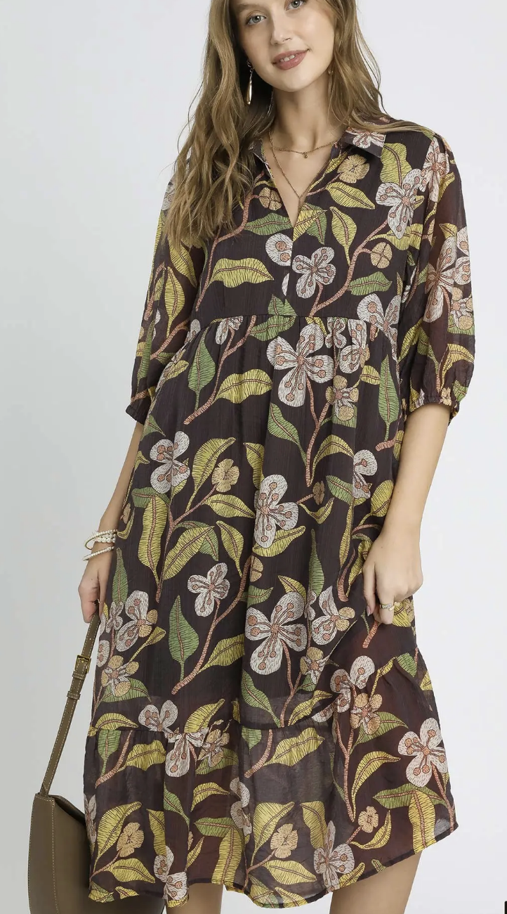 Mixed Floral Print Tiered Midi Dress