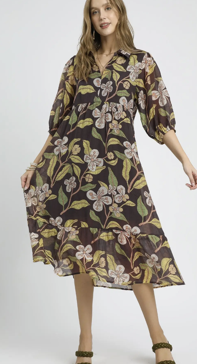 Mixed Floral Print Tiered Midi Dress