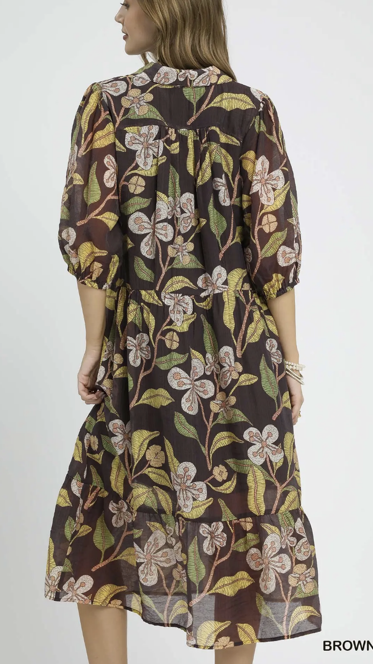 Mixed Floral Print Tiered Midi Dress