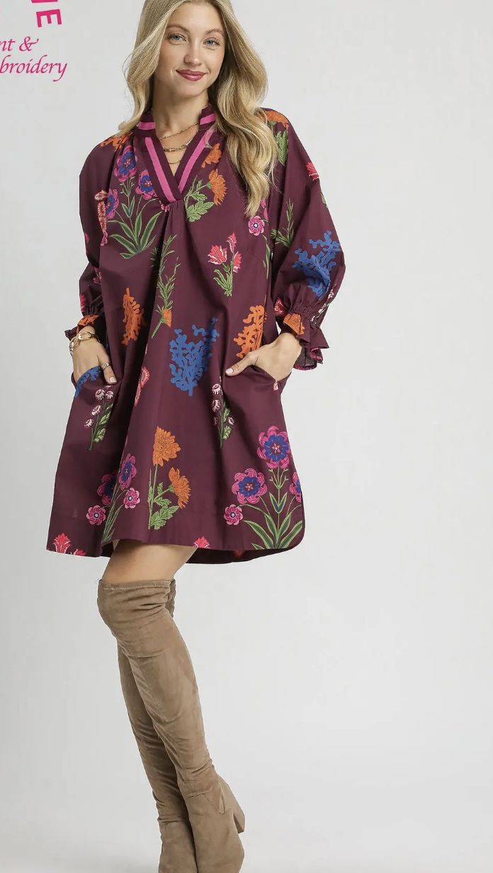 Burgundy Mix Floral Print V-Neck Shift Dress
