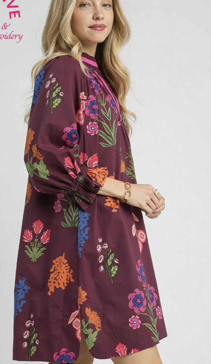 Burgundy Mix Floral Print V-Neck Shift Dress