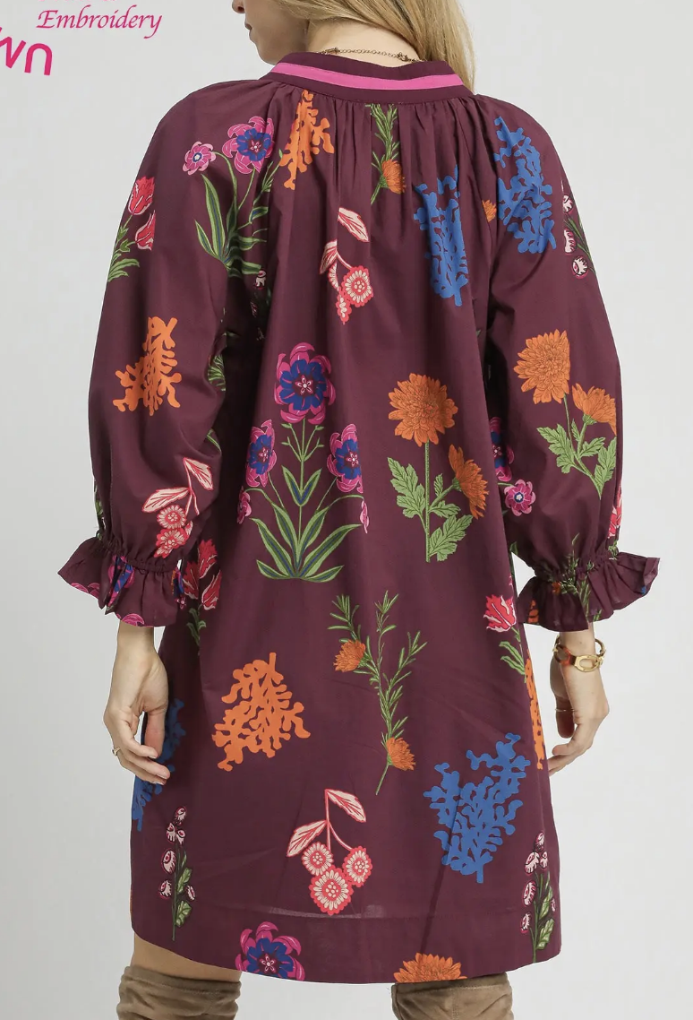 Burgundy Mix Floral Print V-Neck Shift Dress