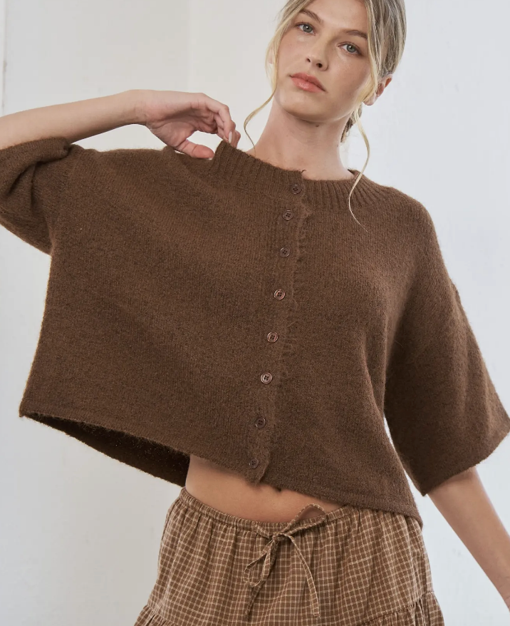 Brown Soft Brushed Knit Button Front Cardigan