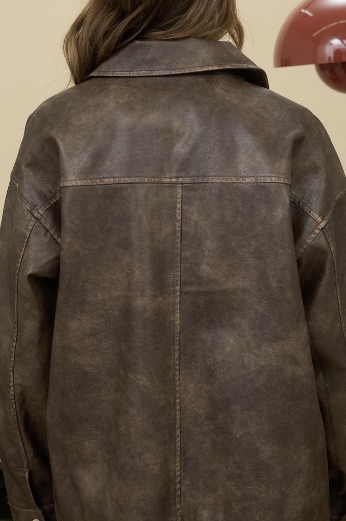 Washed Faux Leather Collared Jacket