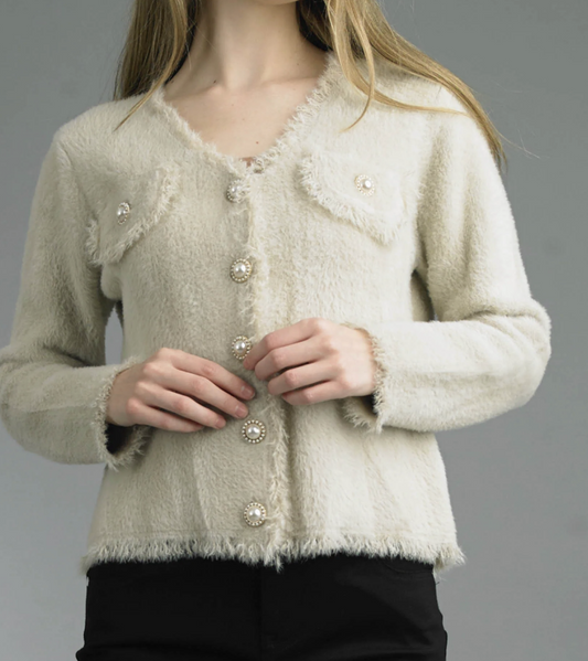 Tempo Paris Beige V Neck Chanel Cardigan Sweater