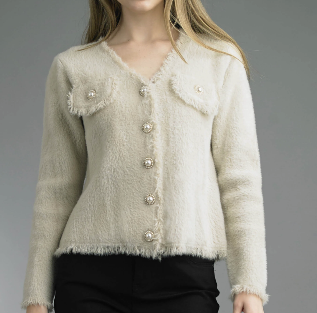 Tempo Paris Beige V Neck Chanel Cardigan Sweater