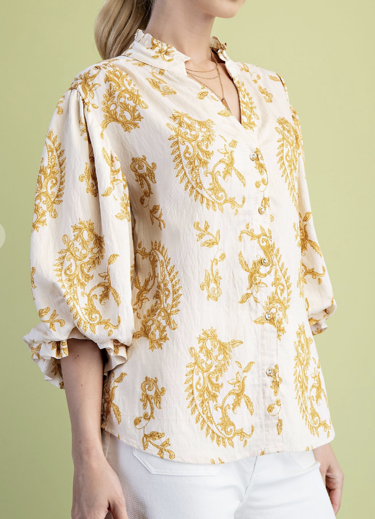 Paisley Mustard Button Front Blouse