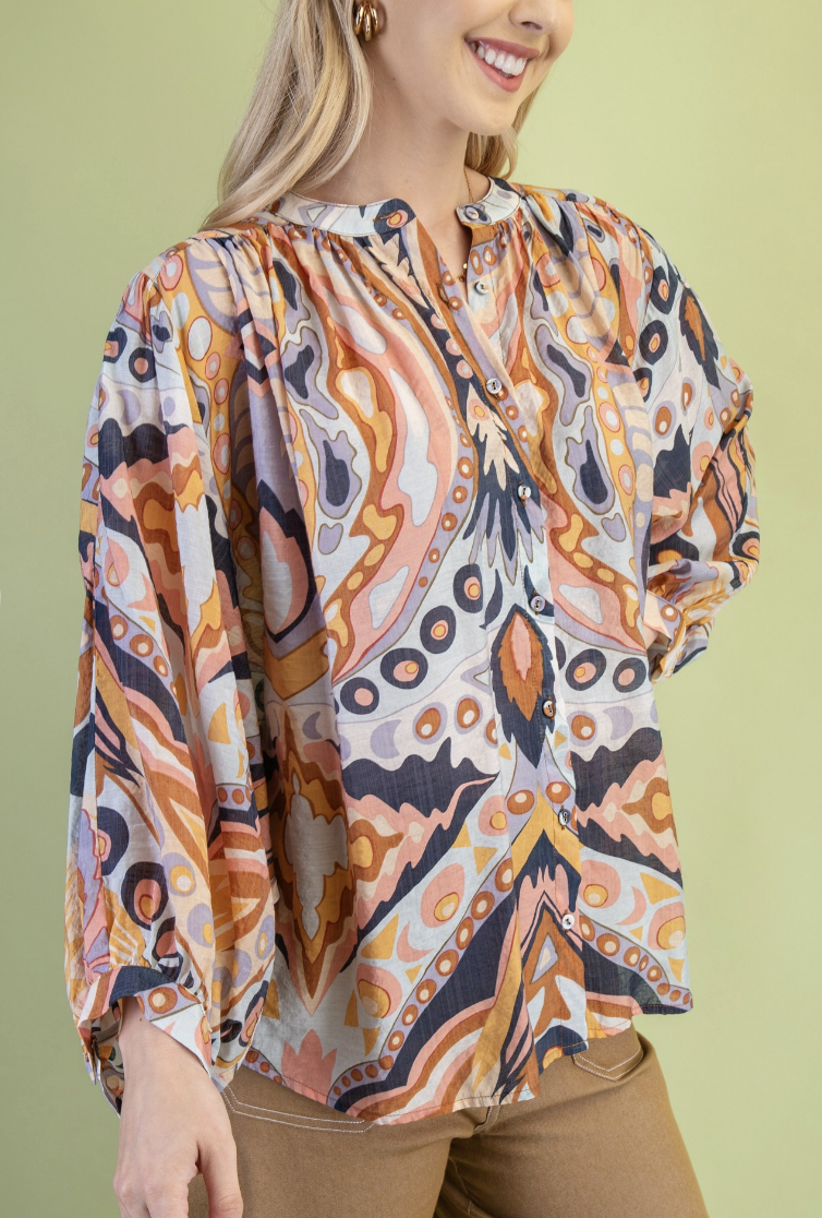 Printed Paisley Button Front Blouse