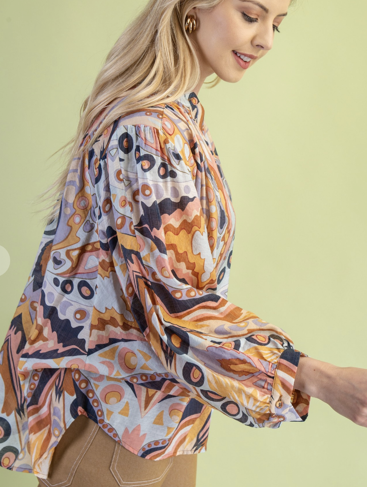 Printed Paisley Button Front Blouse