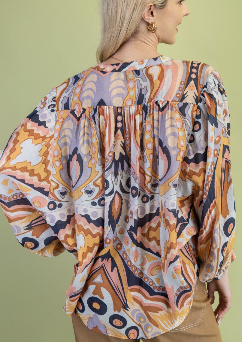 Printed Paisley Button Front Blouse