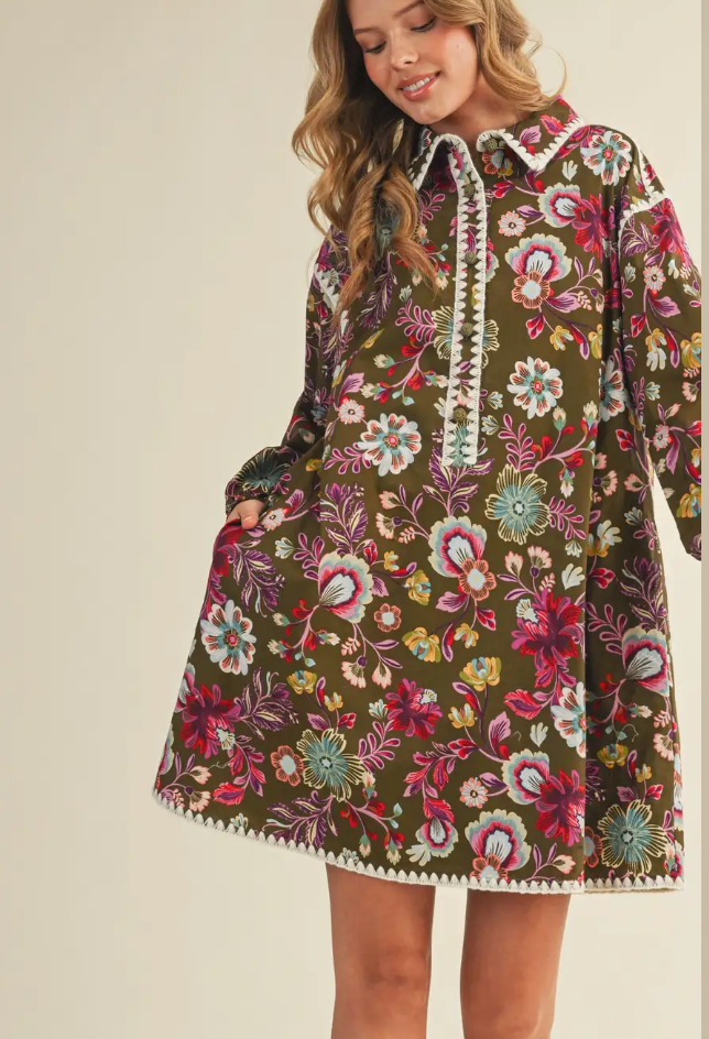 Floral Print Stitch Detail Midi Dress