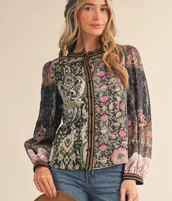 Patchwork Print Crochet Trim Button Down Top