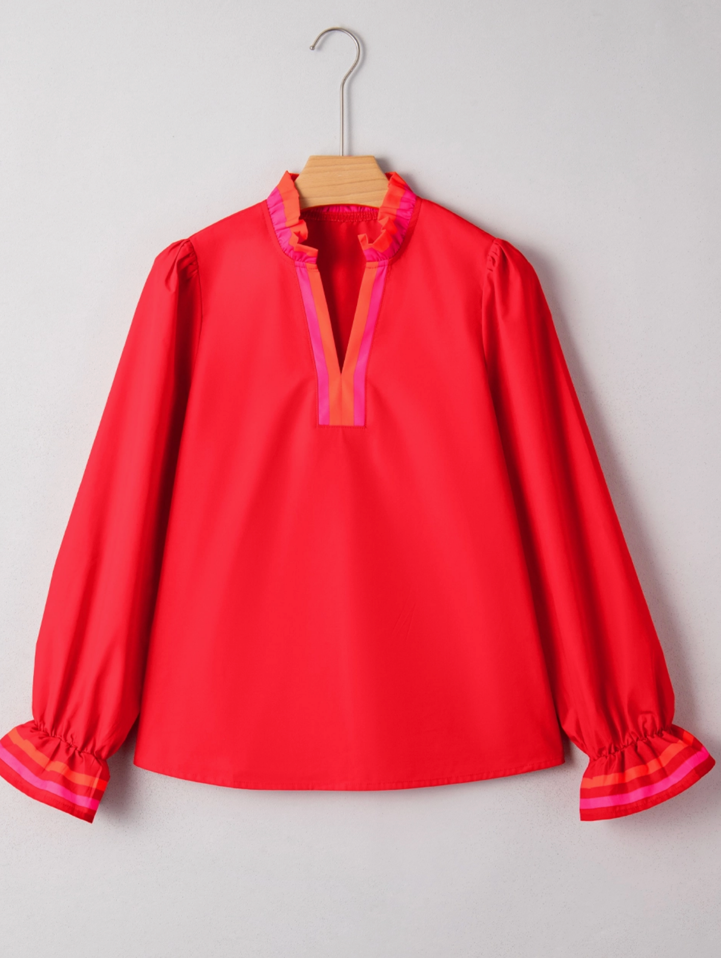 Ruffle Neck RED Striped Trim Ruffle Split Neck Blouse