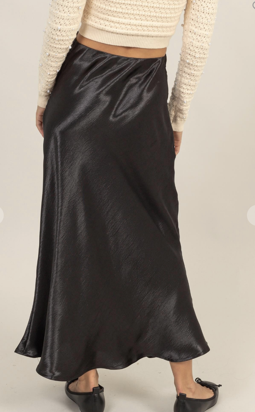 High Waisted Gold Satin Midi Skirt