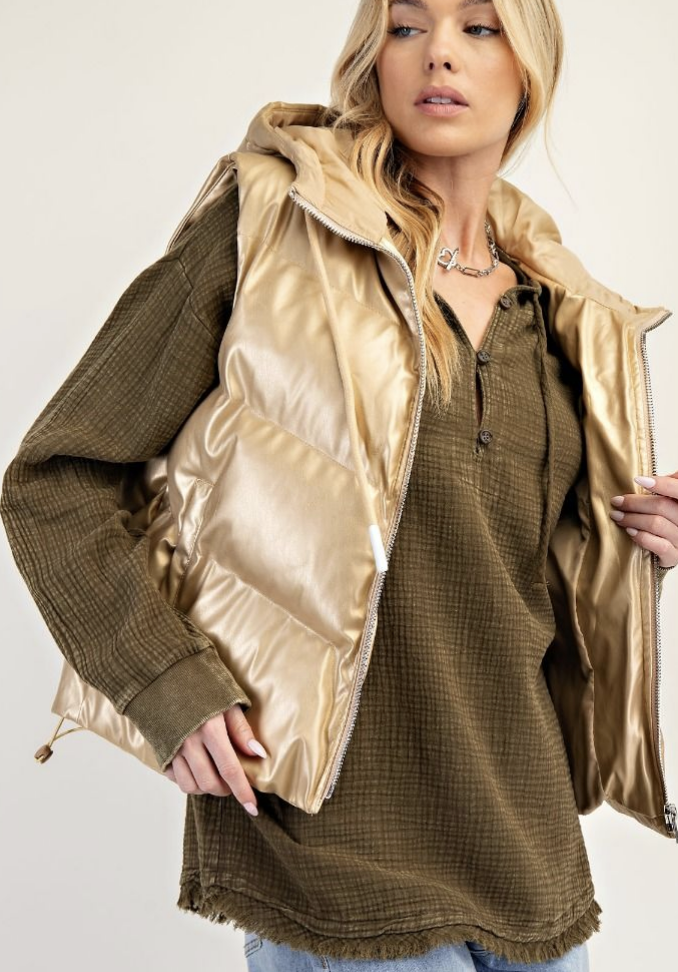Metallic Gold Faux Leather Puffer Vest